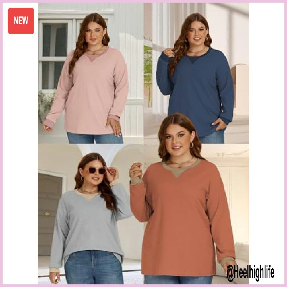 Plus Size Waffle Knit Sweatshirt Oversized Tunic Long Sleeve Top - Picture 6 of 6